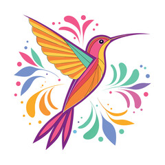 Vibrant mexican folk art hummingbird in flight with colorful decorative floral swirls and abstract shapes against a white background