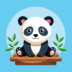 Adorable fluffy baby giant panda sitting happily on a wooden platform surrounded by green leaves against a bright blue circular background
