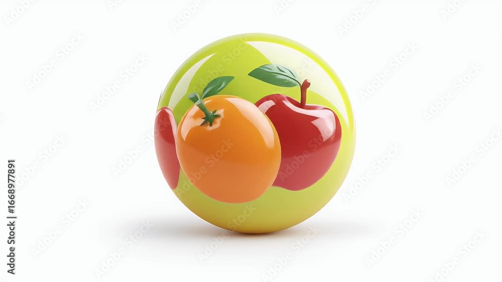 Poster dynamic apple on rotating sphere: vibrant 3d animation loop