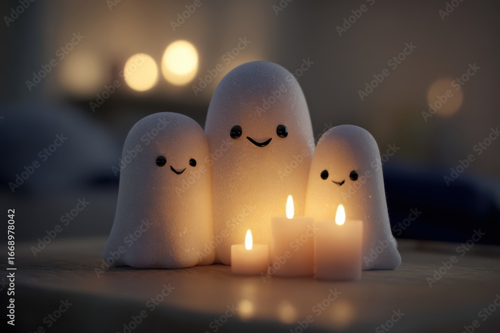 Poster a whimsical and friendly image featuring two candles with faces, resembling a ghost family floating 