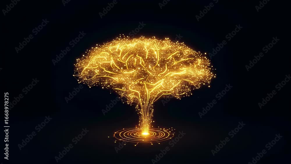 Poster human brain made of glowing particles and lines connecting, symbolizing artificial intelligence and 
