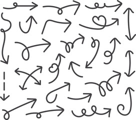 Hand drawn arrow set vector illustration, doodle style curved and wavy arrows, playful black and white directional icons for navigation, design elements, and creative projects