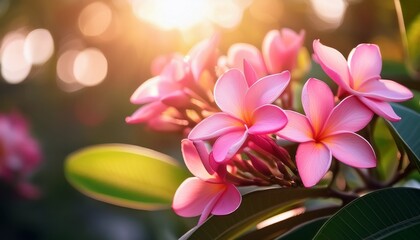 Fototapeta premium close up of a frangipani plumeria plant featuring vibrant pink flowers illuminated by window light with a beautiful backyard bokeh effect captured at a shallow depth of field