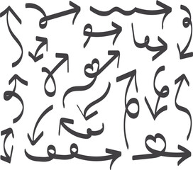 Hand drawn arrow set vector illustration, doodle style curved and wavy arrows, playful black and white directional icons for navigation, design elements, and creative projects