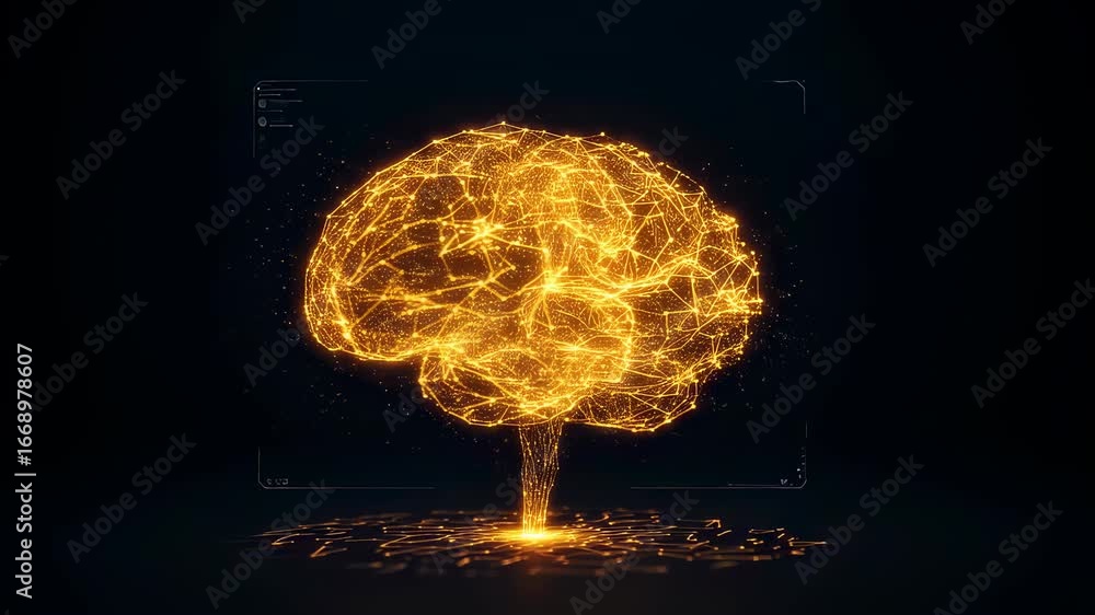 Poster golden glowing polygonal brain evolving from neural network into complex structure, displaying artif