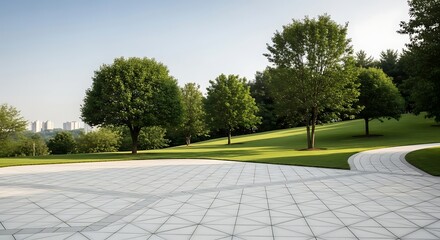 Manicured green lawn with trees and a geometric paved pathway leading towards distant buildings park