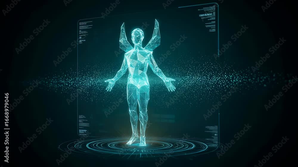 Poster digital representation of an angelic being with data streams and glowing aura, futuristic technology