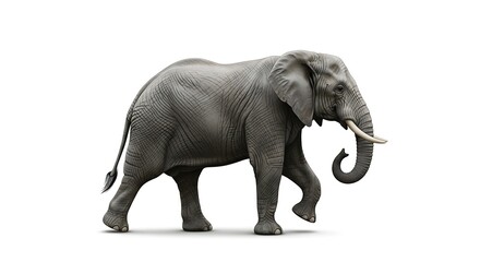 Obraz premium Realistic gray elephant walking with trunk curled on white background african elephant animal