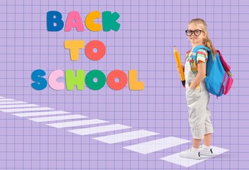Banner with girl with big pencil and text BACK TO SCHOOL on lilac background