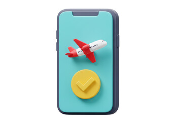Isolated 3D render of a smartphone device with a blue display featuring a flying airplane