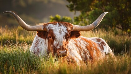 detailed illustration of a longhorn cattle resting in tall grass