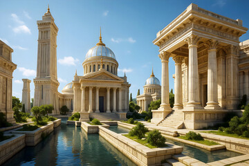 Obraz premium Atlántida Inspired Ancient City with Marble Pillars, Water Canals, and Monumental Buildings, Lost City of Atlantis architecture