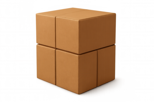 Four cardboard delivery boxes forming a bigger cube isolated on transparent background, ideal for shipping and logistics concepts