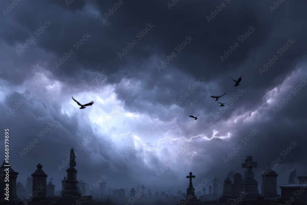 Poster a dramatic and ominous scene of a dark sky with a few clouds hovering above a graveyard, illuminated