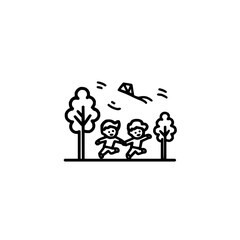 Two children running together in a park with trees and a kite flying in the sky on a sunny day illustration