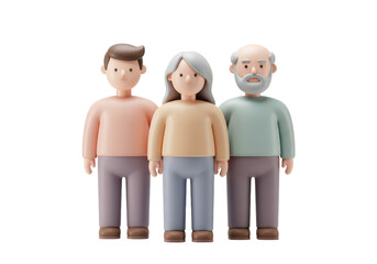 Isolated Cartoon Rendering of Three Figures Standing Side by Side: Man, Woman, and Older Man in Various Colors and Styles