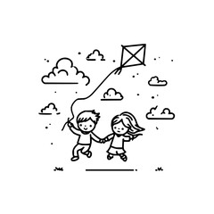 A whimsical illustration of children flying a kite amidst fluffy clouds in a playful outdoor scene design