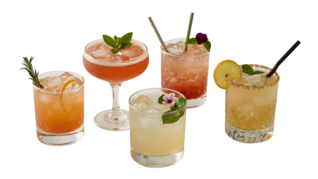 Cocktail Confluence: An artistic showcase of five vibrant cocktails, each garnished with fresh herbs and fruits. Photographed in a clear and well-lit setup.