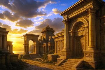 Fototapeta premium Ancient Civilization Architecture with Egyptian Pyramids, Temples, Stone Columns and Lost Golden City at Sunset, historical buildings background