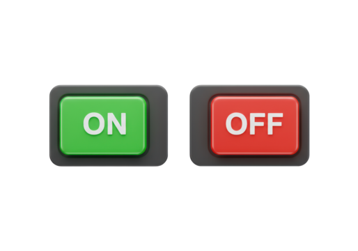 Isolated 3D Render of Green 'On' and Red 'Off' Buttons, Representing Power Control and Equipment Status on a Clean White Background