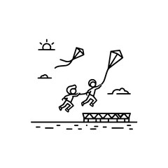 Two children flying kites near water with sun and clouds in a simple black and white line drawing style