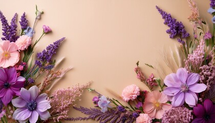 elegant wild flower arrangement in purple and pink tones on beige background with spaces