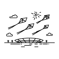 Illustration of kites flying over a stadium with clouds and sun in a minimalist black and white design style