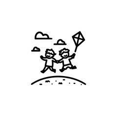 Two children joyfully running on a hill holding hands and a kite under a cloudy sky illustration