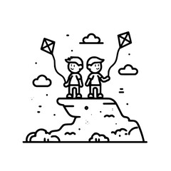 Two children standing on a cliff holding kites with clouds in the sky in a black and white illustration