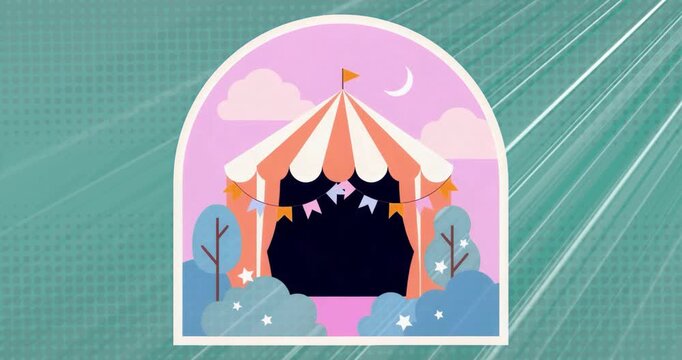 Striped circus tent curtains parting on pink sky cue, bat peeking flapping wings in carnival reveal