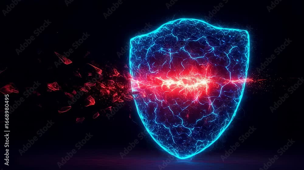 Poster glowing blue shield deflects a red energy attack with shattered fragments. digital cybersecurity pro