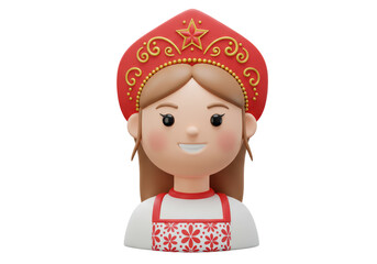 Isolated 3D Rendering of a Smiling Russian Girl in Traditional Kokoshnik Headdress and Floral Pattern Apron, Representing Cultural Heritage and Festive Occasions