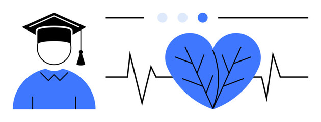 Graduate cap and student icon beside heartbeat line with blue heart featuring leaf veins. Ideal for education, wellness, health awareness, knowledge, balance, student life, simple landing page