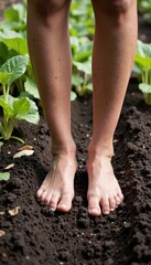 Bare feet planting vegetables in garden soil