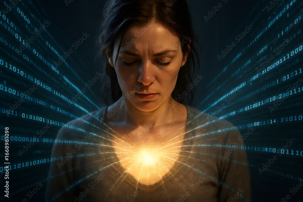 Poster data streams of binary code converging on a woman's chest, emanating a bright light, symbolizing dat