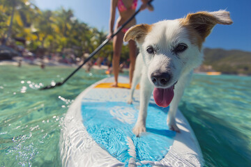 Enjoying water sports with a dog on a tropical beach during a sunny summer day