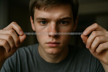 Young programmer showing binary code sequence with fingers, concept of coding and software development