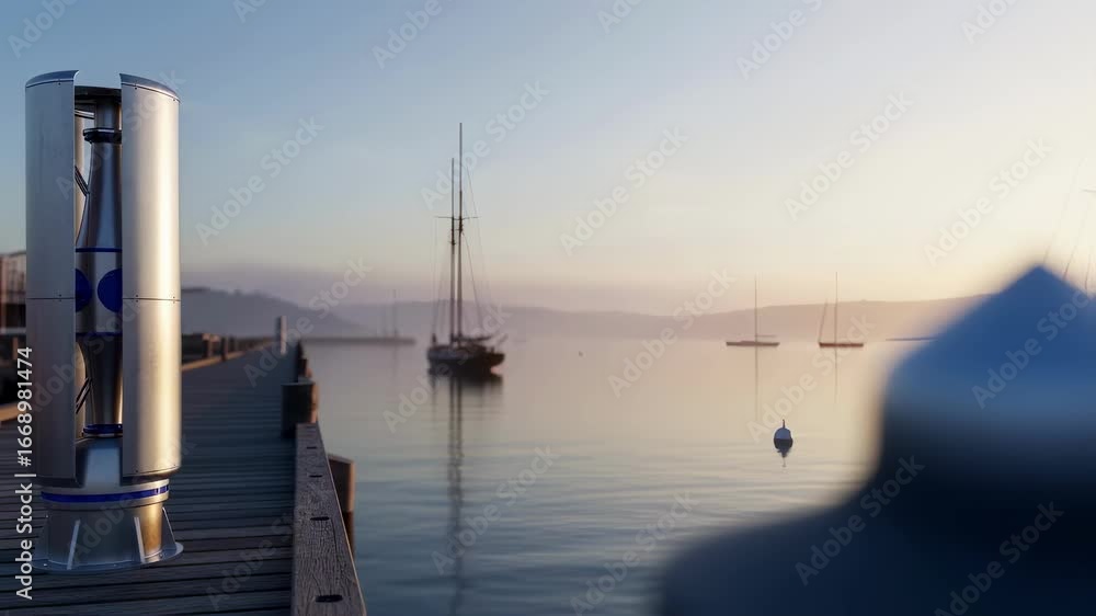 Poster verticalaxis windturbine nacelle on a dock with backdrop of a calm harbor blending renewable tech an