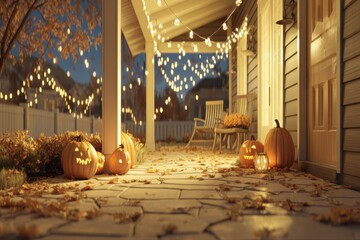 Obraz premium A cozy suburban porch decorated with carved pumpkins and string lights, creating a festive and inviting atmosphere.