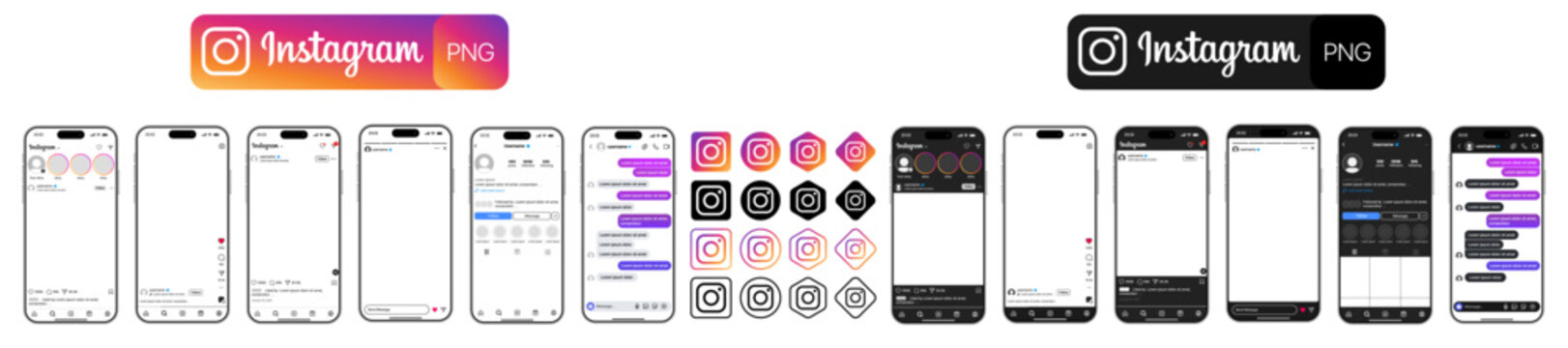 Instagram UI mockup PNG with dark and light mode, transparent background, including post feed, reels, logo, stories, profile, and explore layout