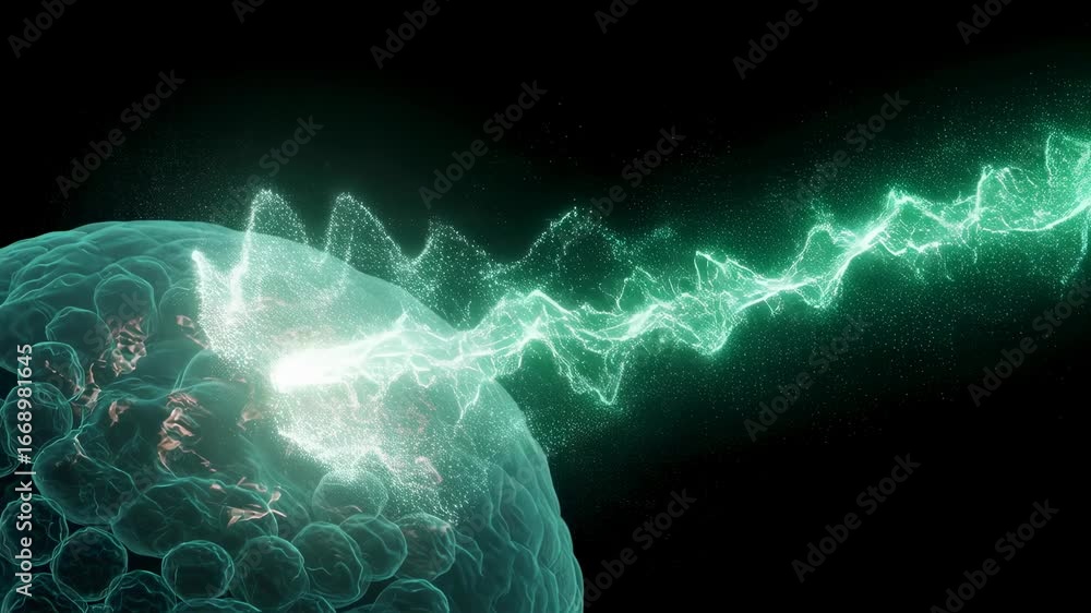 Poster microscopic view of cell structure with pulsing energy beam. abstract concept for biological researc