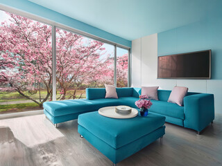 Modern living room in bright turquoise tones with a sakura tree outside the window