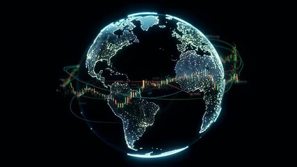 Digital earth with financial stock market data candlesticks and rising lines, global investment and economy concept animation. - Powered by Adobe