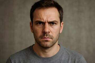 Fototapeta premium Close up portrait of a man with a serious, frowning expression conveying anger, disapproval, or skepticism