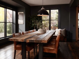 A rustic, dark dining room features a long wooden table with leather chairs, set against a moody backdrop of deep charcoal walls.