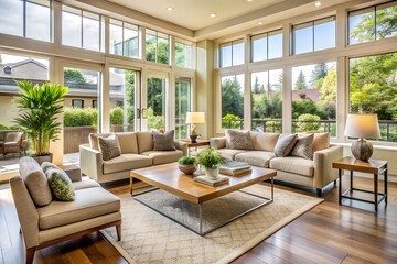 Bright and airy living room with large windows and comfortable furniture