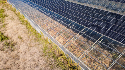 Aerial view of modern solar greenhouses with photovoltaic panels on roofs, renewable energy and...