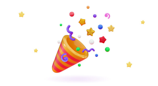 3d confetti popper Party Cartoon emoji Confetti fireworks for the event happy birthday, victory concept, winner prize