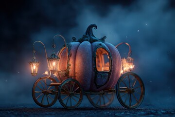 A 3D render of a whimsical pumpkin-shaped carriage with a glowing candle inside, perfect for fairy tale or Halloween themed designs.