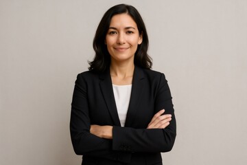 Studio portrait of smiling businesswoman wearing suit with arms crossed, exuding confidence and professionalism